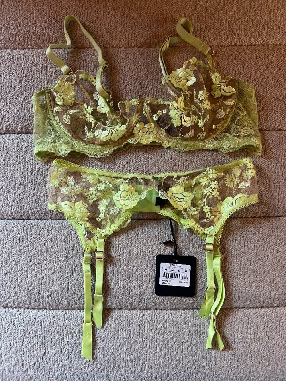 Honey Birdette Whitney Green Floral Bra & Garter Set 36D / M